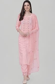 Women's Cotton Blend Embroidery Salwar Suit Set Kurta Pant with Dupatta Kurta Set for Women