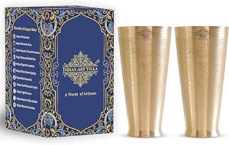 INDIAN ART VILLA Brass Lassi Glass, Embossed Design, 1.3 Litre, Drinkware and Serveware for Lassi, Milk, Water and More, Traditional and Elegant, Height - 9 inches (Pack of 2)
