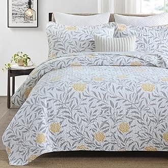 Homzard Floral Queen Comforter Set - 100% Cotton Quilts Queen Size,Yellow Gray White Bedspreads (90 * 98 Inch) with 2 Pillow Shams, Farmhouse Lightweight Bedding 3 Pieces