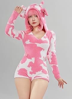 Mobbunny Women's Fuzzy Knit Sweater Pajamas Cute Cow Print Jumpsuit Fluffy Hooded Romper Bodysuit Onesies Pajamas Adult