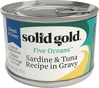 Solid Gold Five Oceans Wet Cat Food - Sardine & Tuna Shreds in Gravy - Canned Cat Food, 8 Pack