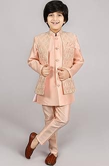 AHHAAAA Kids Ethnic Silk Blend Waistcoat Kurta Pyjama Sherwani Set For Boys