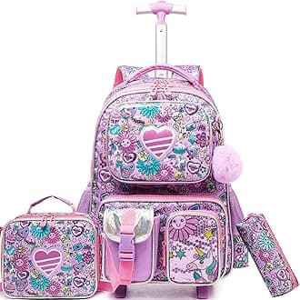 Kids Rolling Backpack with Wheels for Girls Rolling Backpacks with Lunch Box for Elementary School Students 3 in 1 Travel Luggage Suitcase for Girls Age 8-10