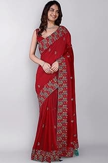 TRENDMALLS Women's Vichitra Silk Embroidred work Saree with Unstitched Blouse Piece