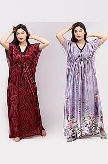 Women's Silk Geometric Print Maxi Kaftan Night Gown (Pack of 2)