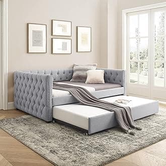 HomSof, Full Daybed & Twin Daybed with Trundle Upholstered Tufted Sofa Bed, with Button and Copper Nail on Arms, Grey, Gray2