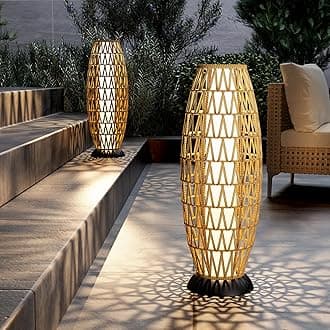 Solar Yard 2-Pack 29" Outdoor Solar-Powered Woven Wicker Boho Lantern Floor Lamp, Decoration for Deck Garden, Pathway, Oslo Natural