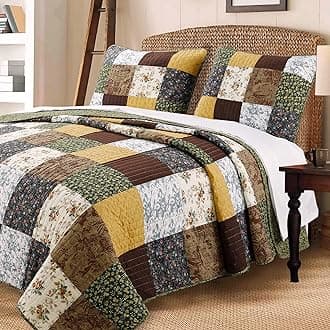 Andy Brown Quilt Bedding Set, 100% Cotton Striped Real Patchwork, Black Olive Country Style, Reversible Coverlet, Bedspread Set for Men/Women(Brown/Olive, King - 3 Piece)