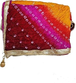 C&G INDIAWomen Silk Bandhej Multi Colored Heavy Dupatta Chunni with Geecha Border Stole Scarves Multi
