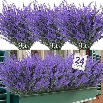 Ouddy Decor 24 Bundles Artificial Lavender Fake Flowers Faux Plastic Plants for Home Wedding Kitchen Garden Patio Window Box Office Table Centerpieces Indoor Outdoor Decor, Purple