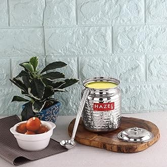Stainless Steel Ghee Container with Spoon | 400 ML Hammered Design Steel Oil Jar with Lid for Kitchen | SS Storage Pot for Cooking