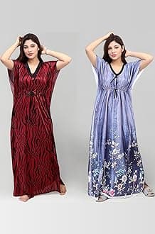Women's Silk Geometric Print Maxi Kaftan Night Gown (Pack of 2)