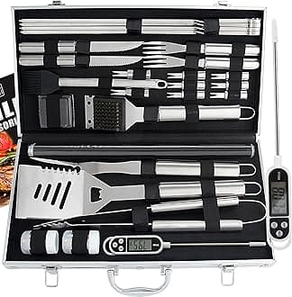ROMANTICIST 27pc BBQ Grill Accessories Set with Thermometer Heavy Duty Stainless Steel Grill Utensils in Aluminium Case for Outdoor Camping Backyard Barbecue Ideal Gift for Men Dad