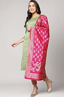 VredeVogel Women's Cotton Silk Blend Straight Kurta With Dupatta with Banarasi Silk Dupatta