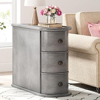 3 Drawers Wood End Table, No Assembly Required Narrow Sofa Side Table for Living Room, Vintage Slim Nightstand Bedside Table for Bedroom, Finished Back (3 Drawers, Grey, 1Pc)