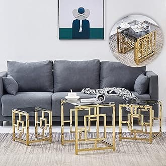 Nest of Table Set of 3 Square Coffee Table with Gold Stainless Steel Frame Dark Glass Tabletop Ending Table Sofa Side Table for Living Room Office (Gold Frame,Dark top)