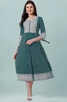 MIRCHI FASHION Women's Cotton Relaxed Fit A Line Sequins Embroidery Work Foil Printed A-Line Kurti Only