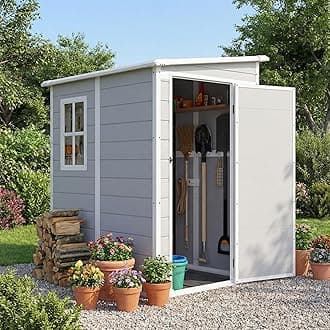 Devoko 5x4 FT Plastic Outdoor Storage Shed with Floor, Waterproof Resin Garden Shed with Lockable Door, Outside Tool Shed for Backyard, Patio, Lawn, Light Grey