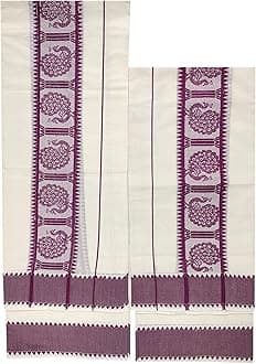 Women's Kerala Traditional Cotton Set Mundu with Self Jacquard Work 2.80&2.00 Mtr
