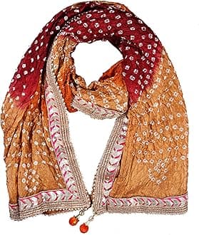 PK HUB Women's Silk Jaipuri Rajasthani Bandhani Bandhej Heavy Dupatta with Gota Work and Latkan