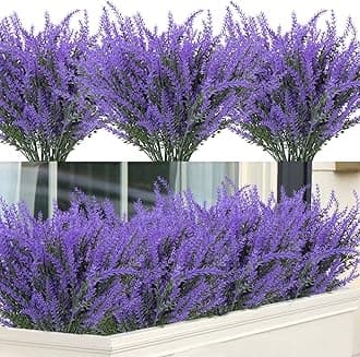 Ouddy Decor 12 Bundles Artificial Lavender Fake Flowers Faux Plastic Plants for Home Wedding Kitchen Garden Patio Window Box Office Table Centerpieces Indoor Outdoor Decor, Purple