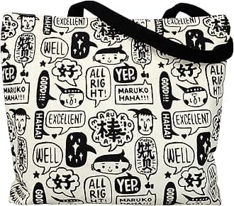 Cotton Canvas Reusable Grocery Bags Tote Bag with Inner Pocke, Black And White Pattern Printing for Shopping Gym And Travel