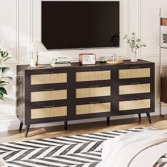 Rovaurx 9 Drawer Double Dresser for Bedroom, Rattan Chest of Dressers, Modern Wooden Dresser Chest with Golden Handles, Beside Table for Closet, Living Room and Entryway, Black and Natural