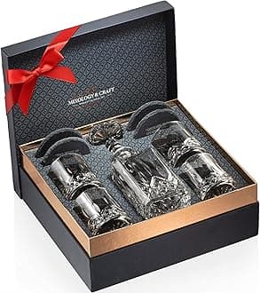 Luxury Whiskey Decanter Gift Set - 25oz Crystal Decanter, 4 Old-Fashioned Glasses, 4 Slate Coasters with Diamond Pattern Premium Black Gift Box