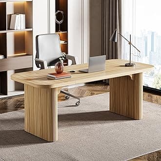 TribesignsModern Office Desk, 62-Inch Wood Executive Desk, Large Aesthetic Computer Work Desk with Double Pedestal, Workstation for Home Office (Natural)