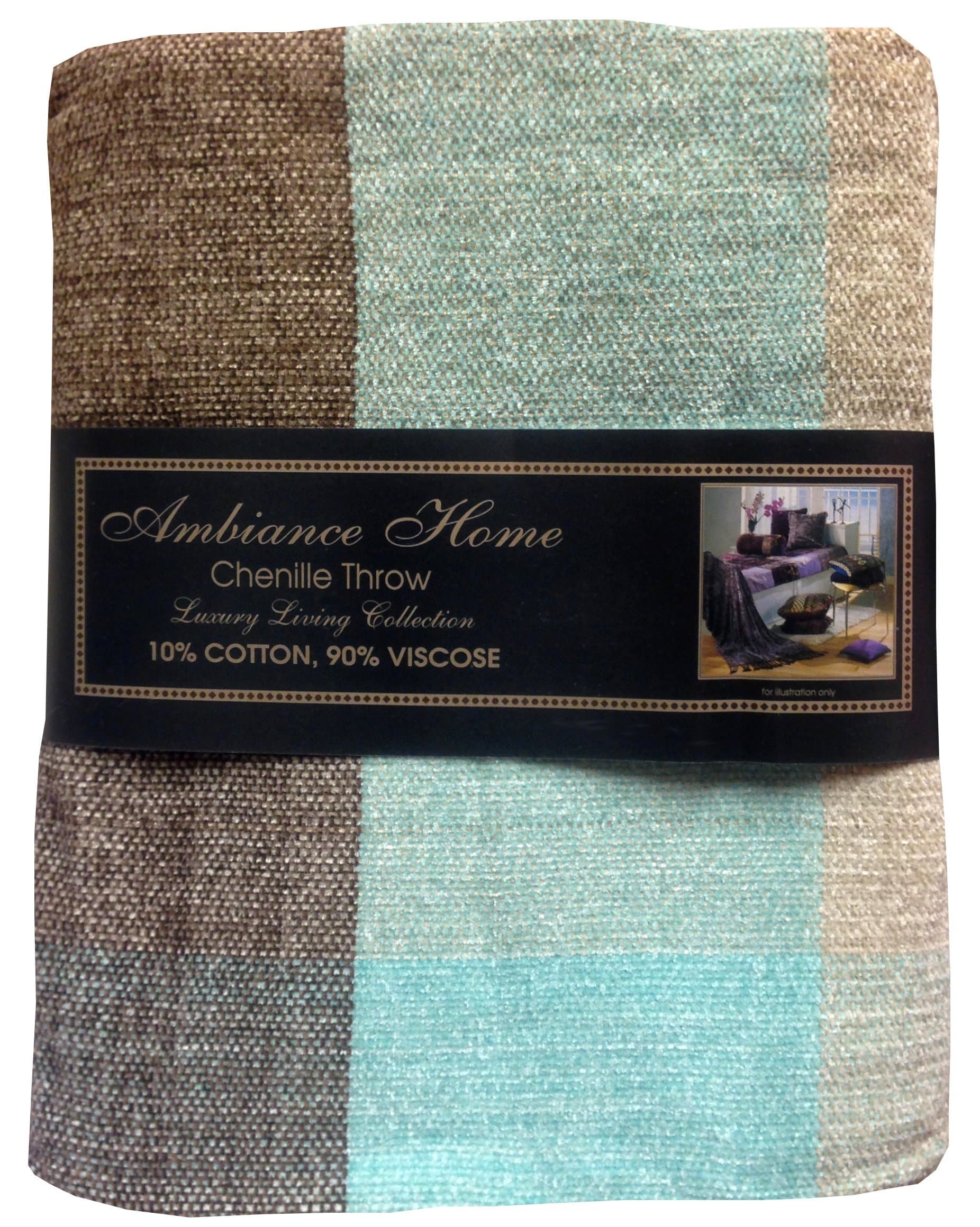 150cm x 190cm Chenille Check Aqua Throw, Modern Checked Squares Fringed Tassel Ends, Teal Turquoise Duck Egg Blue Latte Beige Brown by Ambiance Home