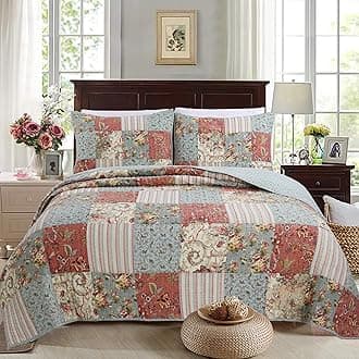 Cozy Line Home Fashions Eleanor Coral Teal Ivory Yellow Real Patchwork Floral Print Pattern 100% Cotton Reversible Coverlet, Bedspread, Quilt Bedding Set for Women (Coral/Teal, Queen - 3 Piece)