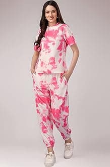 ELLITI Women's Night Suit Set for Women, Lounge Wear, Printed Top and Pyjama Set for Women Nightwear/Loungewear/Night Dress for Women Knitted Tie & Dye Printed Crop T-Shirt -Pyjama