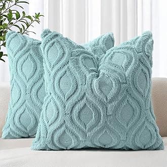 Summer Throw Pillow Covers 18x18 Inch Set of 2, Soft Plush Faux Wool Aqua Solid Couch Pillow Covers, Accent Farmhouse Neutral Square Pillow Cases for Sofa Bed Living Room