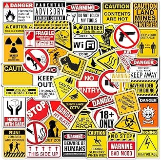 Codersparadise Pack Of 54 Hard Hat Danger Warning Signs Stickers - For Adults, Blue Collar Gifts, Tool Box, Water Bottle, Laptop, Helmet, Construction Hat, Welder, Electrician, Mechanic