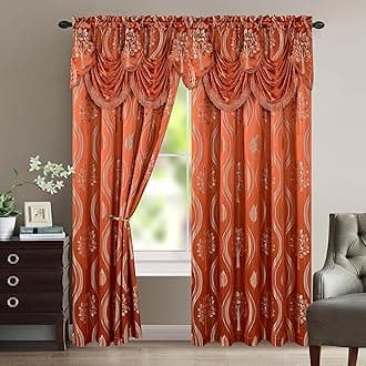 Aurora Jacquard Look Curtain Panel Set with Attached Valance 54" X 84 inch (Set of 2), Rusty Red