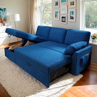 Sofa Bed, Sleeper Sofa with Storage Chaise, L Shaped Sofa with Pull Out Bed, Oversized Sofas for Living Room- Blue Chenille Couch