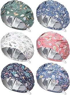 6 Pcs Satin Lined Scrub Caps Women Nurse Surgical Hat with Buttons Ponytail Working Adjustable Pouch Tie Back(Classic Style)