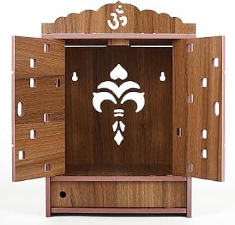 Beautiful MDF Wooden Temple,Home Temple, Pooja Mandir, Wall Hanging and Table Top Home Mandir Temple, Home Decor Beautiful Wooden Temple with Acrylic Om Design, (28*28*28 cm) (Brown)