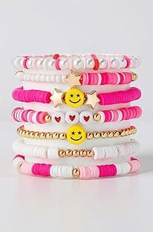 Shining Diva Fashion 7Pcs Combo Latest Stylish Beach Surfer Bracelets Set | Colorful Preppy Heishi Bracelet | Multilayer Boho Happy Smile Heart Star Stretch Beaded Bracelets | Evil Eye Stackable Beaded Bracelets | Y2K Pearl Bracelets Set for Women Girls Teens