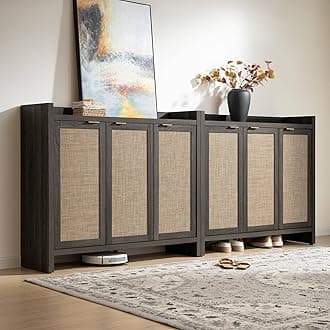 SICOTAS Shoe Storage Cabinet Set of 2, Large Tall Shoe Cabinet, Rattan Shoe Cabinet Storage for Entryway, Farmhouse Cabinet with Doors and Adjustable Shelves for Entryway Hallway, Black Oak