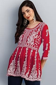 EthnicJunction Georgette Women Chikan Embroidery Short A-Line Kurti | Summer Kurti | Short Kurti for Women | Top for Office | Women's Tunics Tops | Kurta Shirt Top | Regular Fit Top