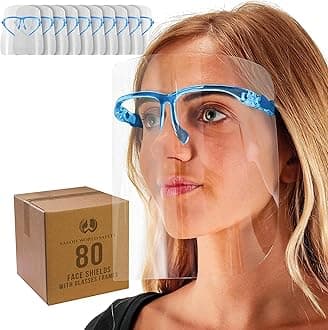 TCP Global Salon World Safety Face Shields with Blue Glasses Frames (Case of 80) - Ultra Clear Protective Full Face Shields to Protect Eyes, Nose, Mouth - Anti-Fog PET Plastic, Goggles