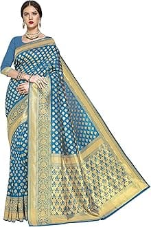 Women's Kanchipuram Art Silk Saree With Blouse Piece, Firozi, Free Size
