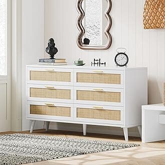 Rovaurx 6 Drawer Double Dresser for Bedroom, Rattan Chest of Dressers, Modern Wooden Dresser Chest with Golden Handles, Beside Table for Closet, Living Room and Entryway, White and Natural