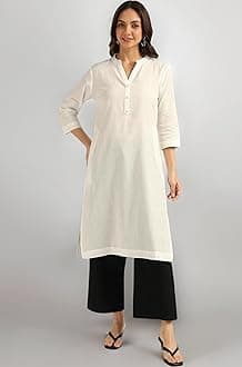 BLOCKS OF INDIA Long Cotton Kurta Womens Plain Straight Kurta, 3/4 Sleeve, Knee Length with 2 Pockets