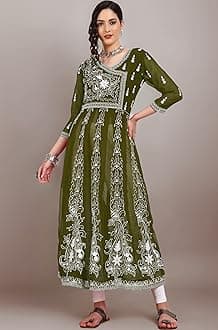 EthnicJunction Women's Georgette Regular Fit Anarkali Embroidered Chikankari Work Angrakha Kurta