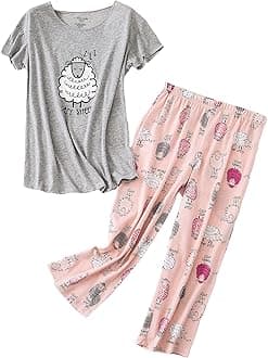PNAEONG Women Pajama Set Sleepwear Tops with Capri Pants Casual and Fun Prints Pajama Sets