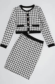 Milumia Girl's Two Piece Outfits Houndstooth Button Front Blazer Jacket and Skirt Sets