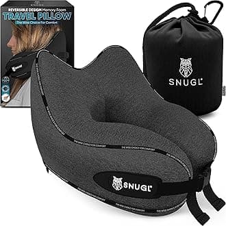 SNUGL Travel Pillow – Memory Foam Neck Pillow for Travel – Support Cushion for Airplane with Carry Bag & Clip - Holiday Essentials (Dark Grey - Adult Small)