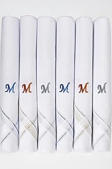 Caruso Italy Men's Initial Monogram (A-Z) Embroidery 100% Pure Cotton Handkerchief White Base With Colored Border - Pack Of 6